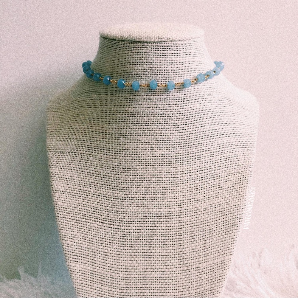 Rosary Bead Blue Gold Choker Necklace